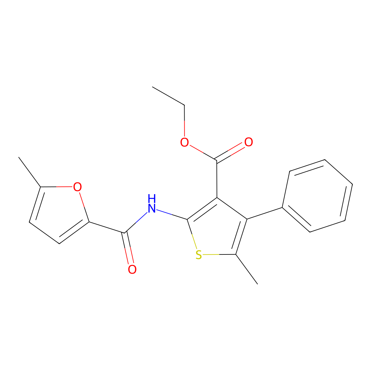 Ethyl 5-methyl-2-[(5-methyl-2-furoyl)amino]-4-phenylthiophene-3-carboxylate molecular structure, CAS 444998-66-7