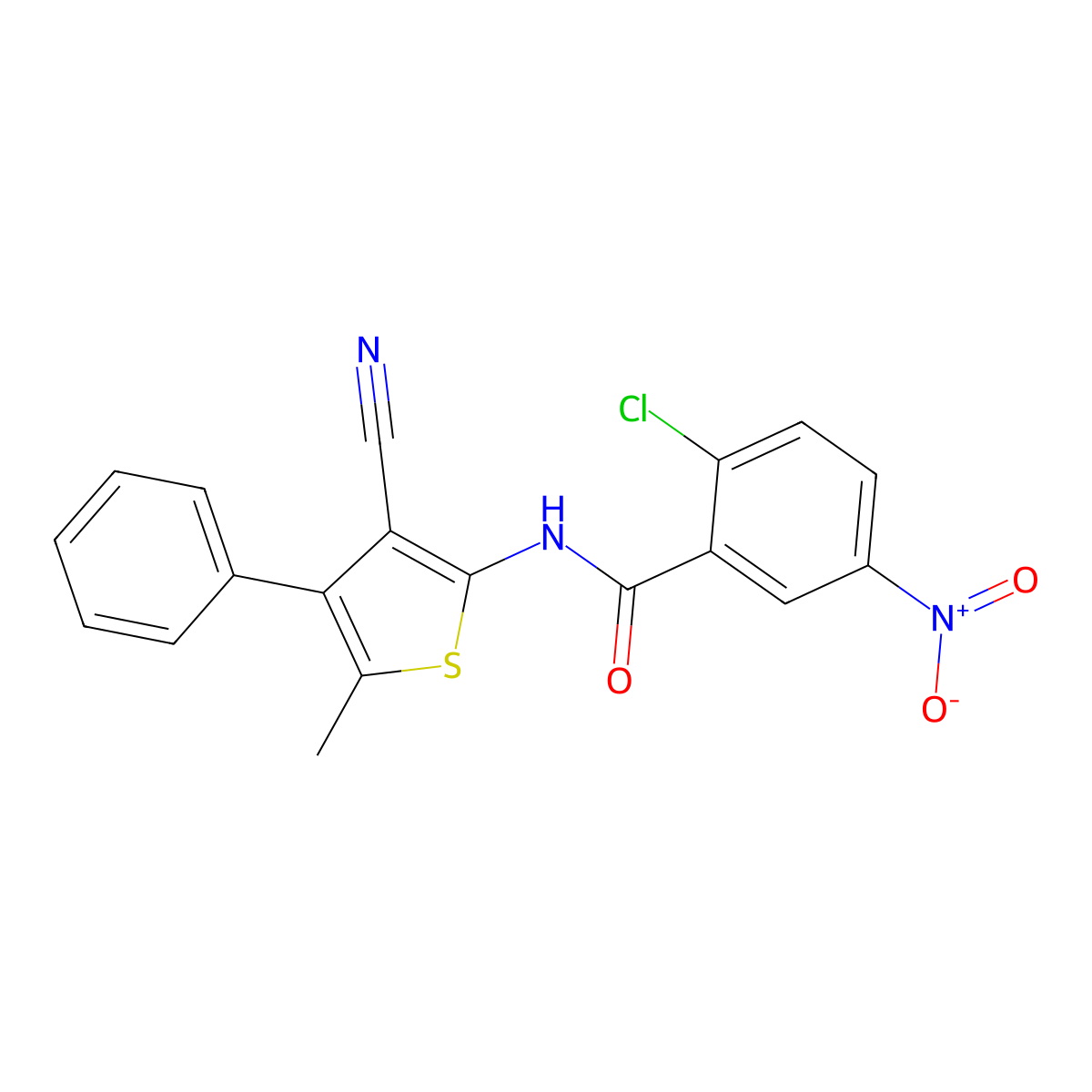 2-chloro-N-(3-cyano-5-methyl-4-phenylthiophen-2-yl)-5-nitrobenzamide molecular structure, CAS 444998-72-5