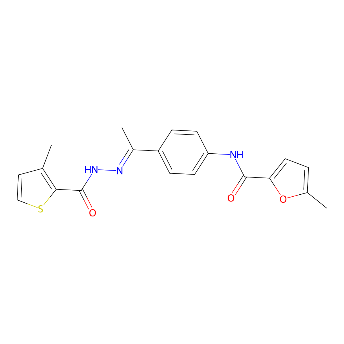 3-Methyl-2-thiophenecarboxylic acid 2-[1-[4-[[(5-methyl-2-furanyl)carbonyl]amino]phenyl]ethylidene]hydrazide molecular structure, CAS 444998-83-8