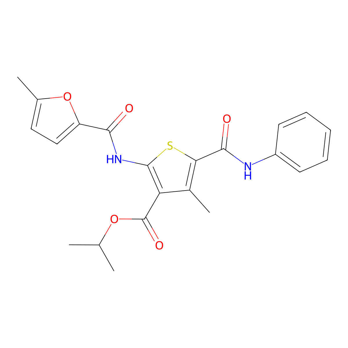 Propan-2-yl 4-methyl-2-[(5-methylfuran-2-carbonyl)amino]-5-(phenylcarbamoyl)thiophene-3-carboxylate molecular structure, CAS 444998-99-6