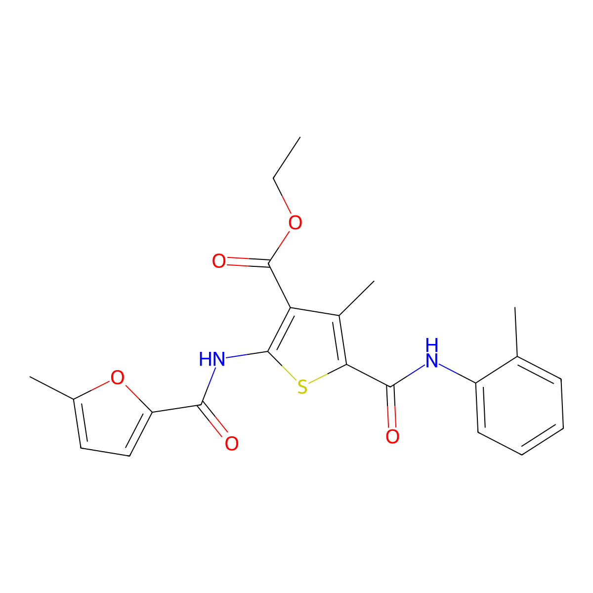 Ethyl 4-methyl-2-[(5-methylfuran-2-carbonyl)amino]-5-[(2-methylphenyl)carbamoyl]thiophene-3-carboxylate molecular structure, CAS 444999-36-4