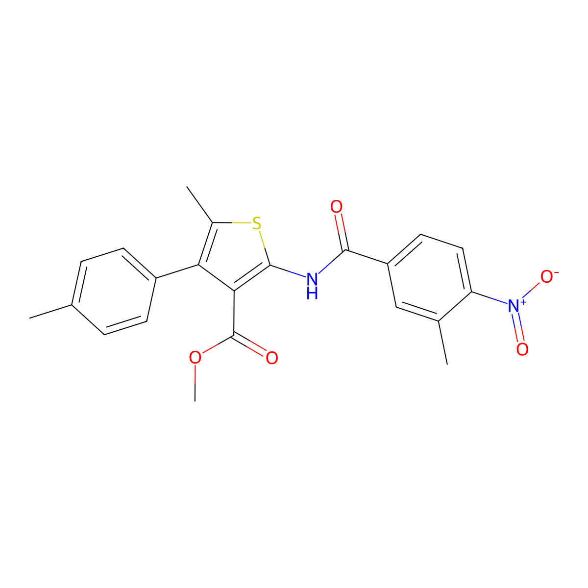 Methyl 2-({4-nitro-3-methylbenzoyl}amino)-5-methyl-4-(4-methylphenyl)thiophene-3-carboxylate molecular structure, CAS 444999-53-5