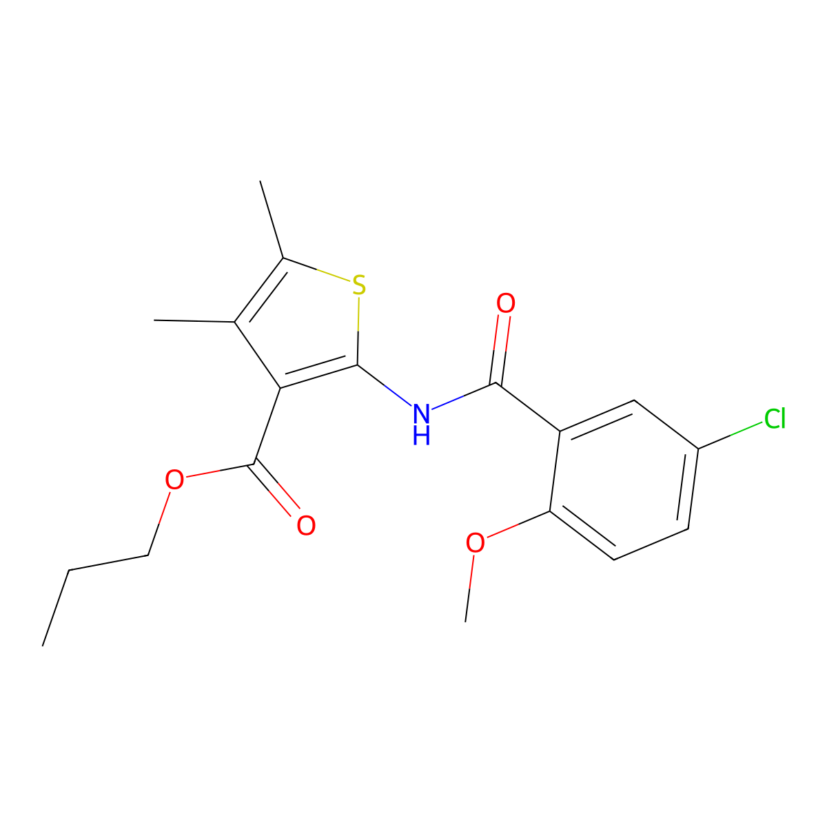 Propyl 2-[(5-chloro-2-methoxybenzoyl)amino]-4,5-dimethylthiophene-3-carboxylate molecular structure, CAS 444999-92-2