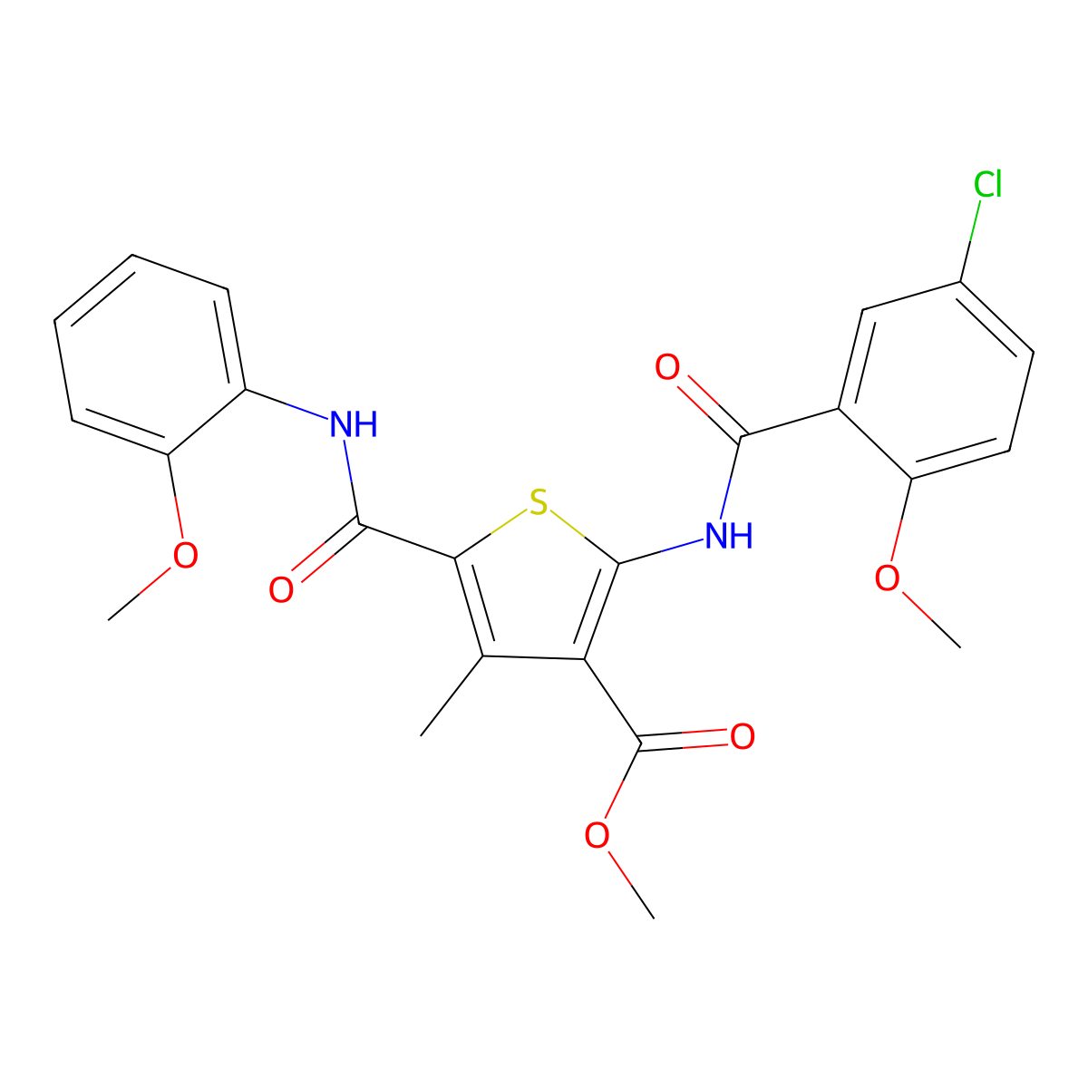 Methyl 2-((5-chloro-2-methoxybenzoyl)amino)-5-(((2-methoxyphenyl)amino)carbonyl)-4-methyl-3-thiophenecarboxylate molecular structure, CAS 444999-99-9