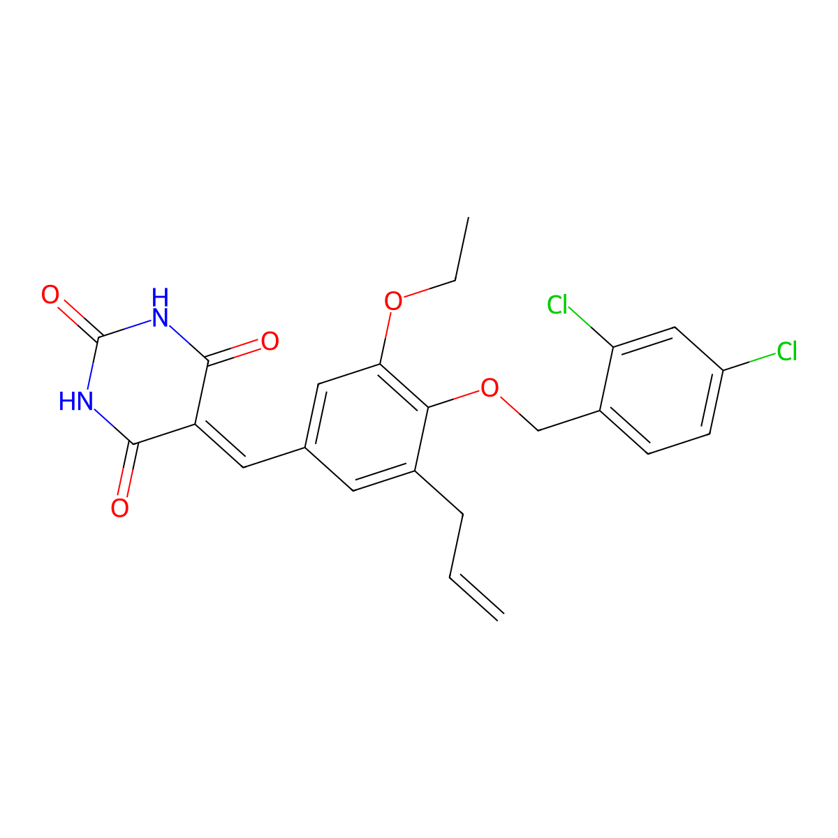 5-[[4-[(2,4-Dichlorophenyl)methoxy]-3-ethoxy-5-prop-2-enylphenyl]methylidene]-1,3-diazinane-2,4,6-trione molecular structure, CAS 4450-36-6