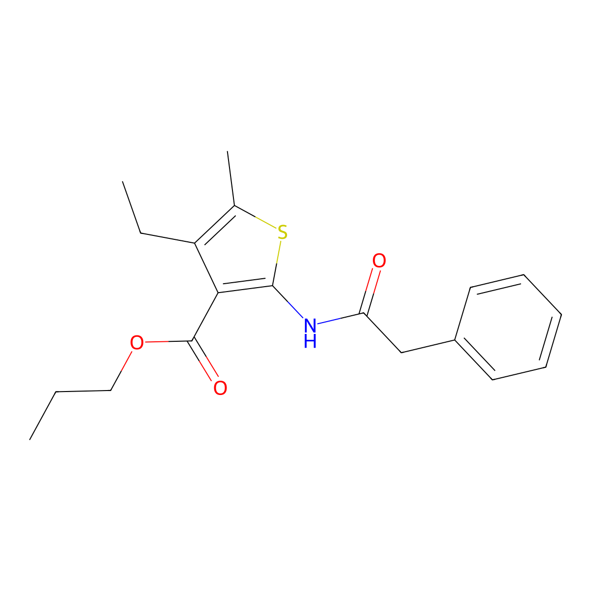 Propyl 4-ethyl-5-methyl-2-[(phenylacetyl)amino]thiophene-3-carboxylate molecular structure, CAS 445000-28-2