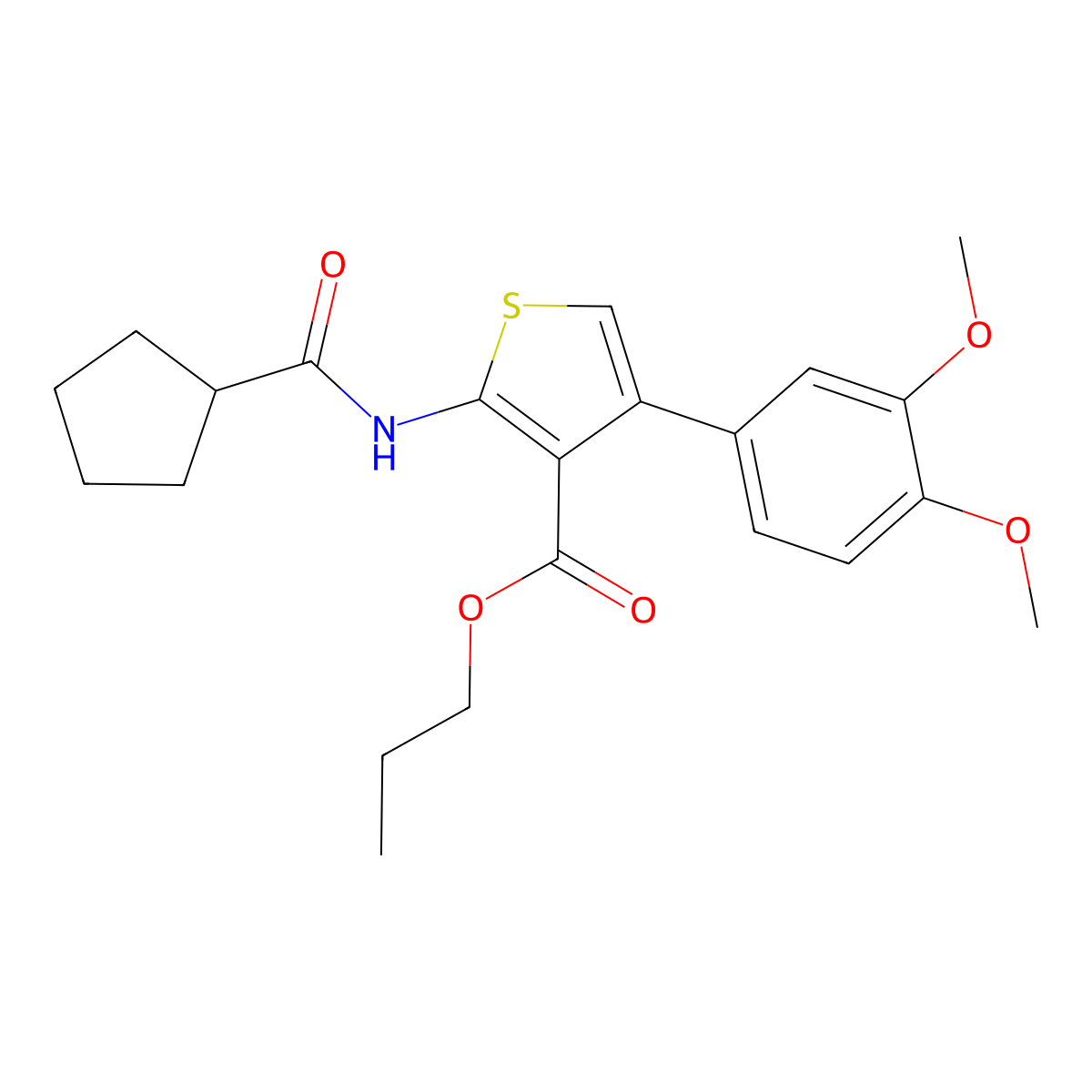 Propyl 2-[(cyclopentylcarbonyl)amino]-4-(3,4-dimethoxyphenyl)thiophene-3-carboxylate molecular structure, CAS 445000-42-0