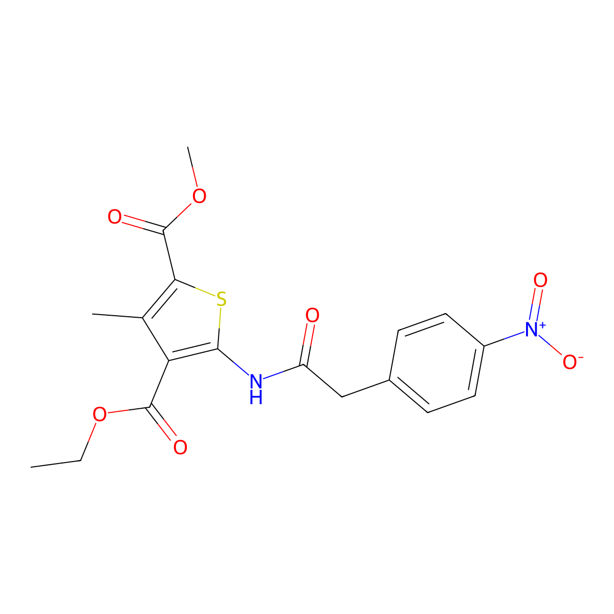 4-Ethyl 2-methyl 3-methyl-5-{[(4-nitrophenyl)acetyl]amino}thiophene-2,4-dicarboxylate molecular structure, CAS 445000-52-2
