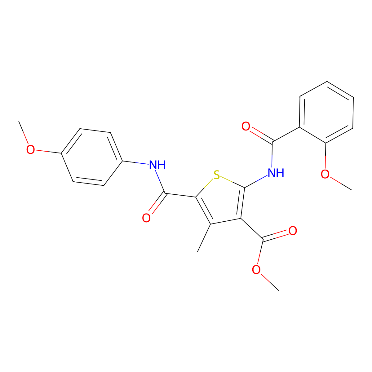 Methyl 2-[(2-methoxybenzoyl)amino]-5-[(4-methoxyphenyl)carbamoyl]-4-methylthiophene-3-carboxylate molecular structure, CAS 445000-63-5