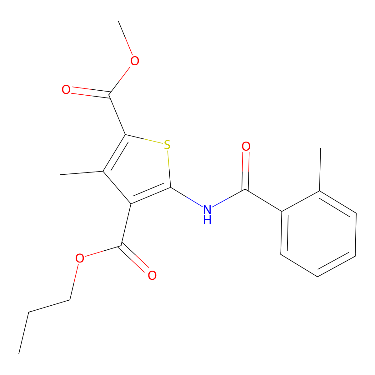 2-Methyl 4-propyl 3-methyl-5-[(2-methylbenzoyl)amino]thiophene-2,4-dicarboxylate molecular structure, CAS 445000-82-8