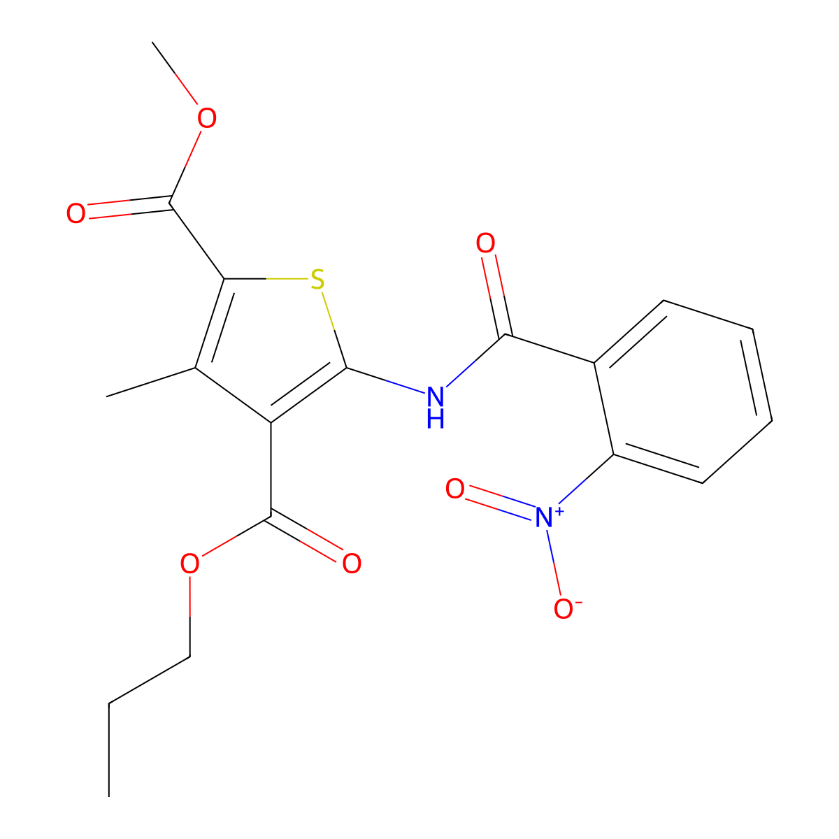 2-Methyl 4-propyl 5-({2-nitrobenzoyl}amino)-3-methyl-2,4-thiophenedicarboxylate molecular structure, CAS 445001-40-1