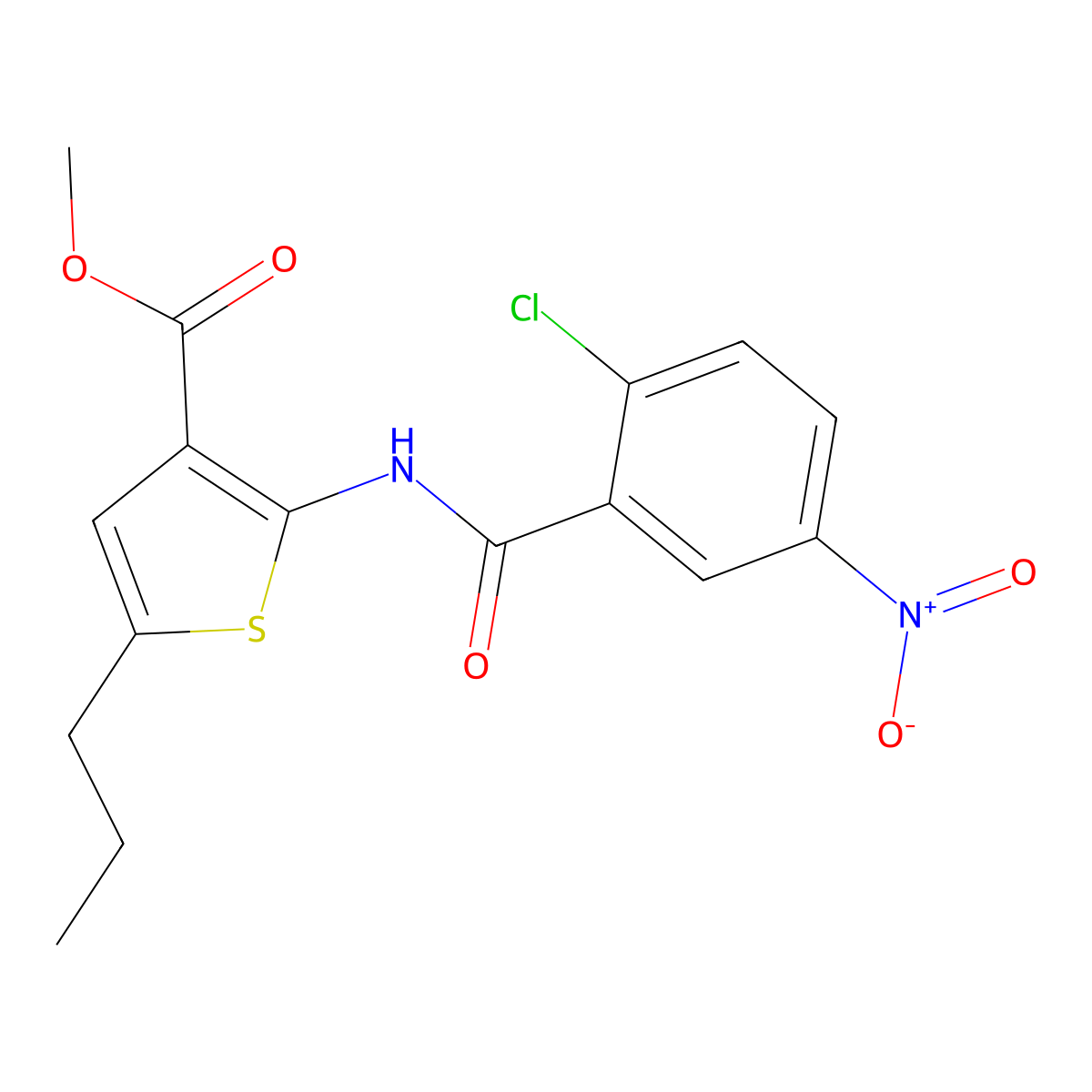 Methyl 2-[(2-chloro-5-nitrobenzoyl)amino]-5-propylthiophene-3-carboxylate molecular structure, CAS 445001-56-9