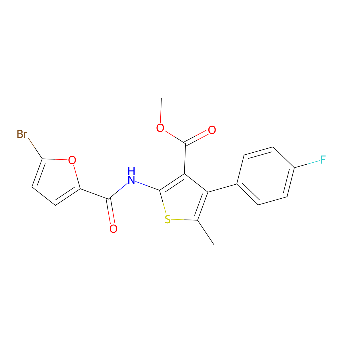Methyl 2-[(5-bromofuran-2-carbonyl)amino]-4-(4-fluorophenyl)-5-methylthiophene-3-carboxylate molecular structure, CAS 445001-82-1