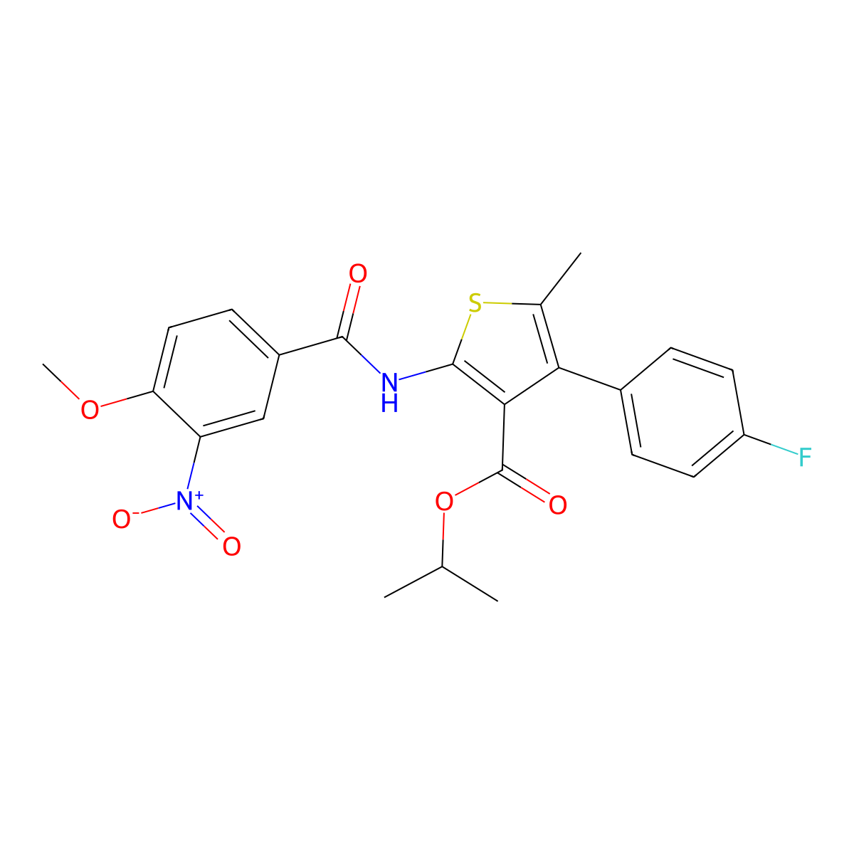 Isopropyl 4-(4-fluorophenyl)-2-({3-nitro-4-methoxybenzoyl}amino)-5-methyl-3-thiophenecarboxylate molecular structure, CAS 445002-03-9