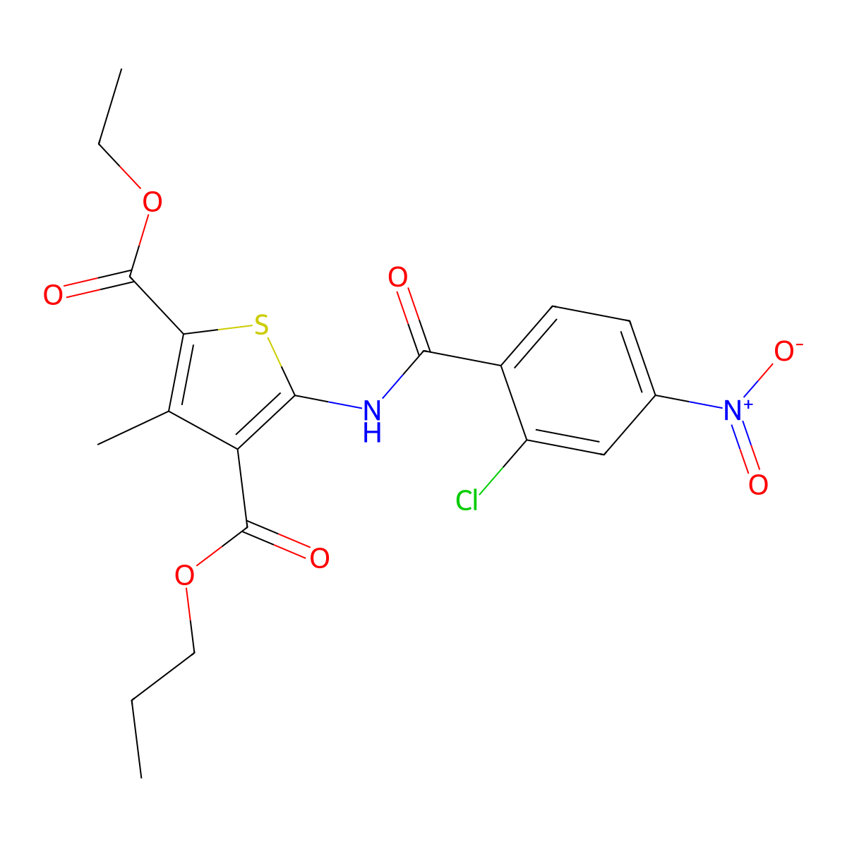2-Ethyl 4-propyl 5-({2-chloro-4-nitrobenzoyl}amino)-3-methyl-2,4-thiophenedicarboxylate molecular structure, CAS 445002-07-3