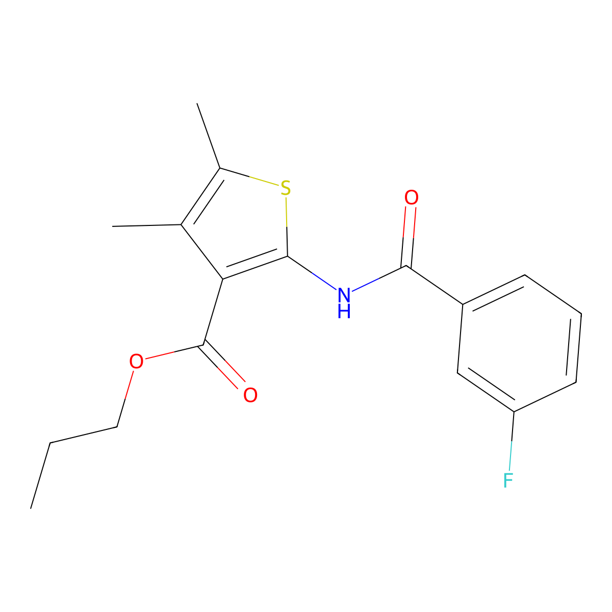 Propyl 2-[(3-fluorobenzoyl)amino]-4,5-dimethylthiophene-3-carboxylate molecular structure, CAS 445002-10-8