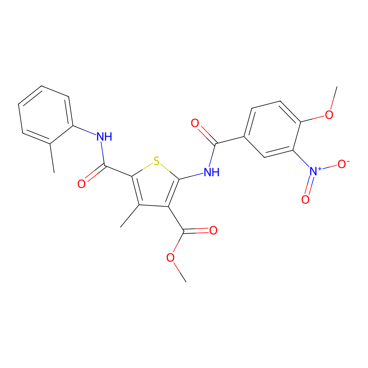 Methyl 2-({3-nitro-4-methoxybenzoyl}amino)-4-methyl-5-(2-toluidinocarbonyl)-3-thiophenecarboxylate molecular structure, CAS 445002-11-9