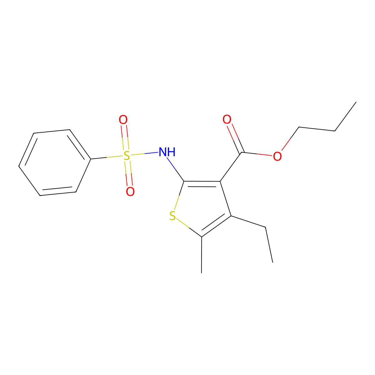 Propyl 4-ethyl-5-methyl-2-[(phenylsulfonyl)amino]thiophene-3-carboxylate molecular structure, CAS 445002-19-7