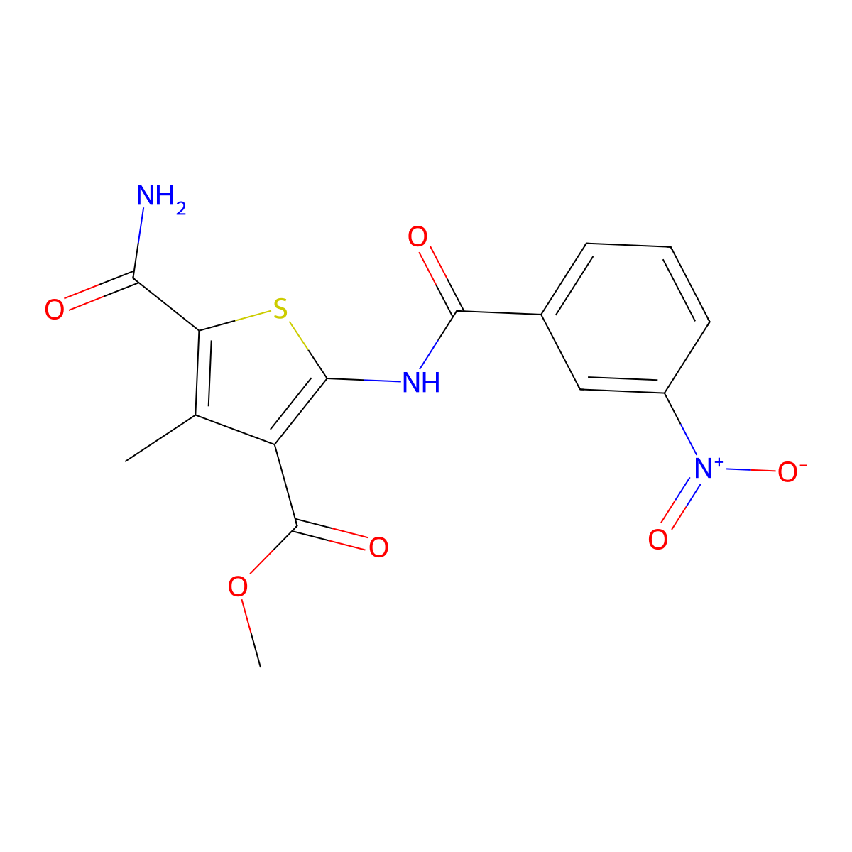 5-Carbamoyl-4-methyl-2-[[(3-nitrophenyl)-oxomethyl]amino]-3-thiophenecarboxylic acid methyl ester molecular structure, CAS 445002-22-2