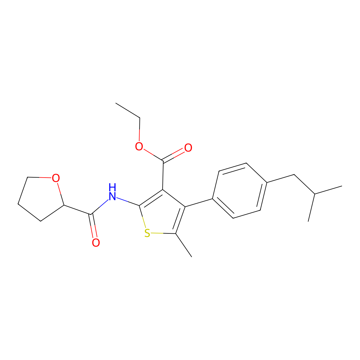 Ethyl 5-methyl-4-[4-(2-methylpropyl)phenyl]-2-(oxolane-2-carbonylamino)thiophene-3-carboxylate molecular structure, CAS 445002-30-2