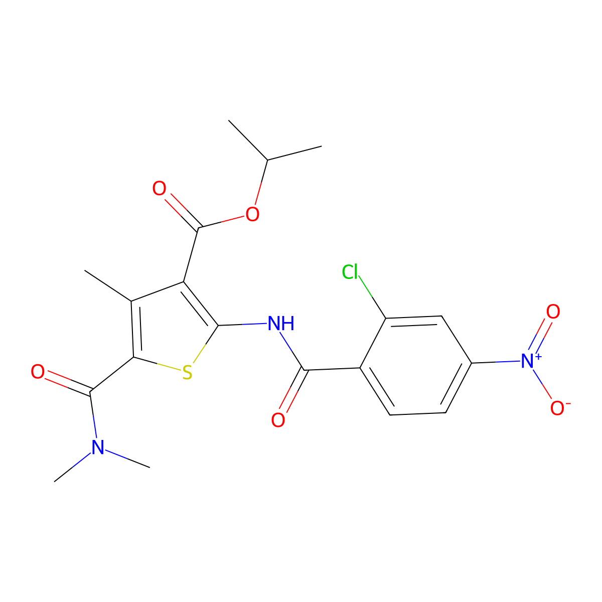 Isopropyl 2-({2-chloro-4-nitrobenzoyl}amino)-5-[(dimethylamino)carbonyl]-4-methylthiophene-3-carboxylate molecular structure, CAS 445002-51-7