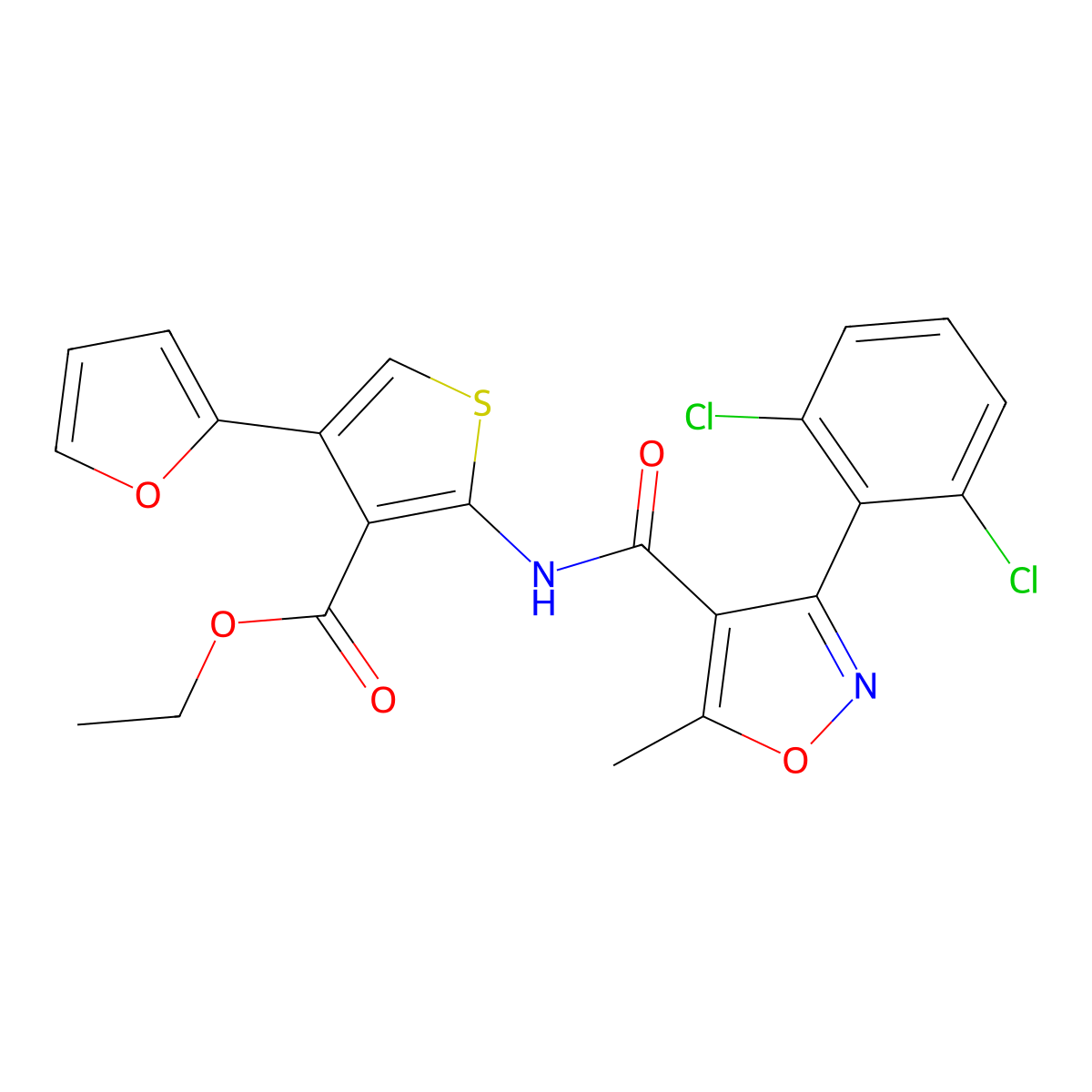 Ethyl 2-({[3-(2,6-dichlorophenyl)-5-methylisoxazol-4-yl]carbonyl}amino)-4-(2-furyl)thiophene-3-carboxylate molecular structure, CAS 445003-27-0