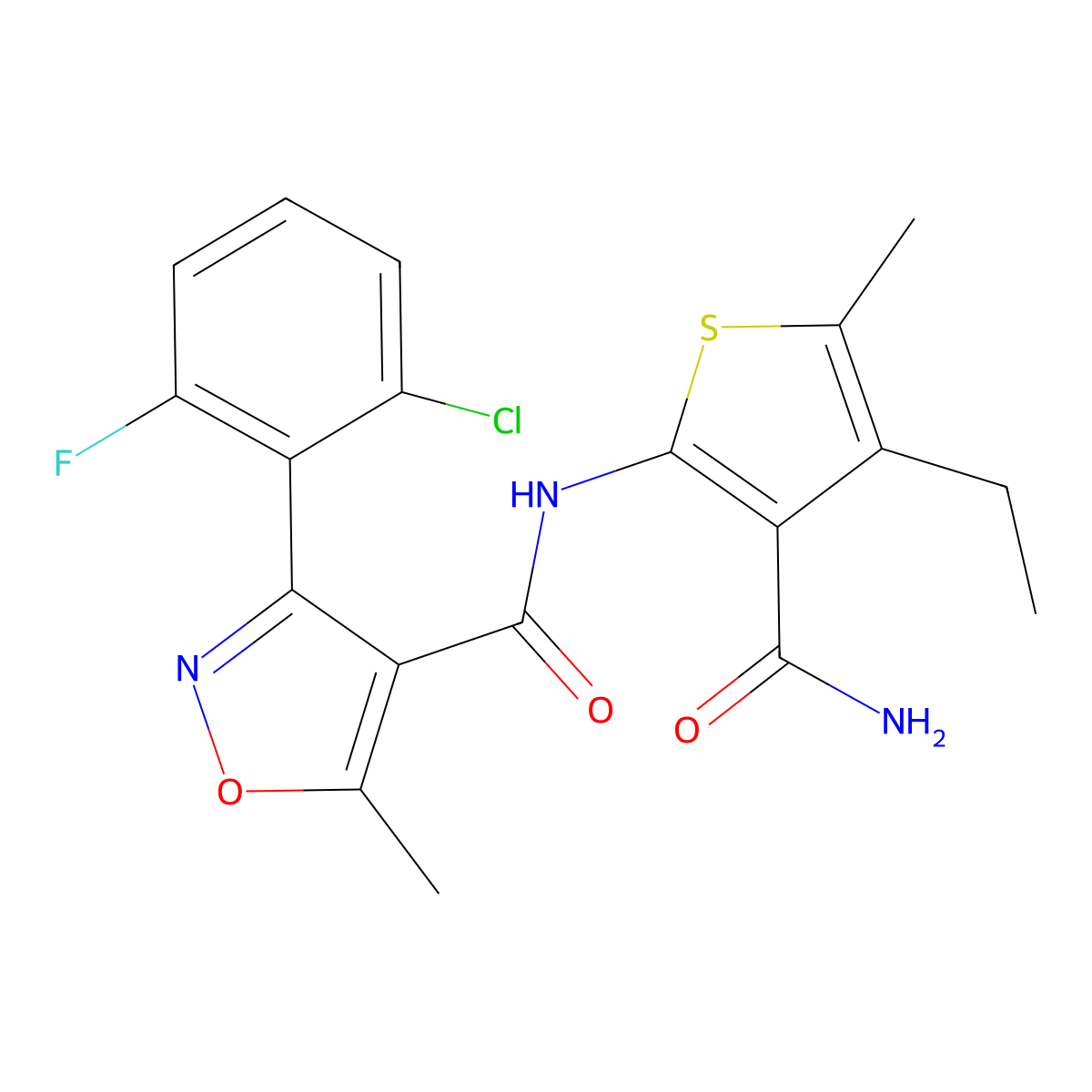 N-(3-carbamoyl-4-ethyl-5-methylthiophen-2-yl)-3-(2-chloro-6-fluorophenyl)-5-methyl-1,2-oxazole-4-carboxamide molecular structure, CAS 445003-56-5