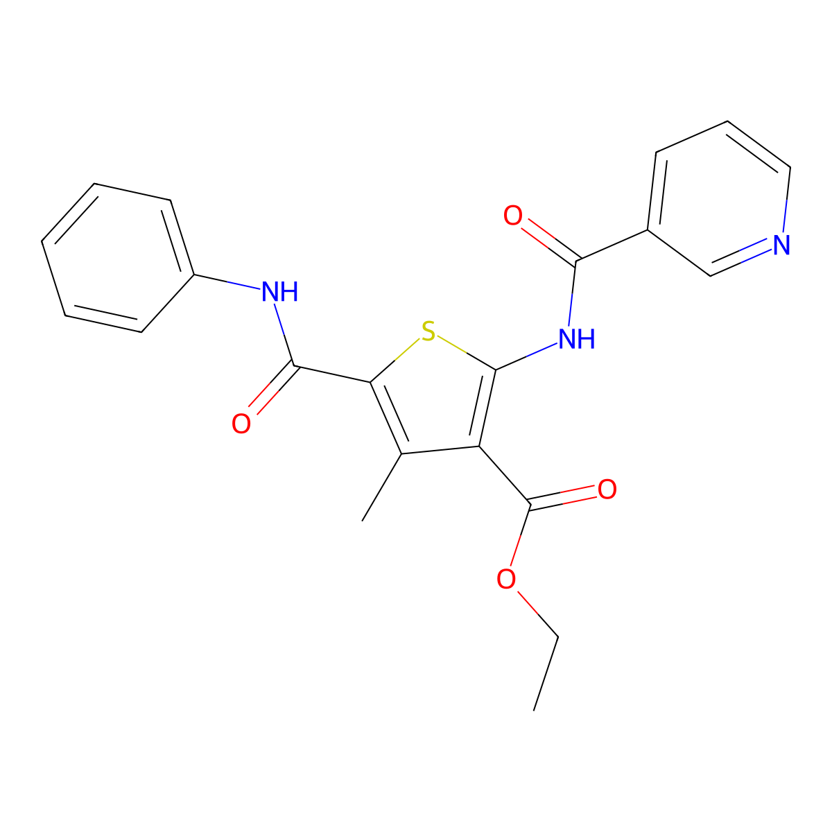 Ethyl 4-methyl-5-(phenylcarbamoyl)-2-[(pyridin-3-ylcarbonyl)amino]thiophene-3-carboxylate molecular structure, CAS 445003-93-0