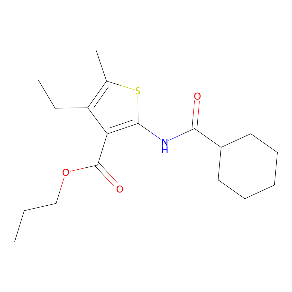 Propyl 2-(cyclohexanecarbonylamino)-4-ethyl-5-methylthiophene-3-carboxylate molecular structure, CAS 445004-10-4