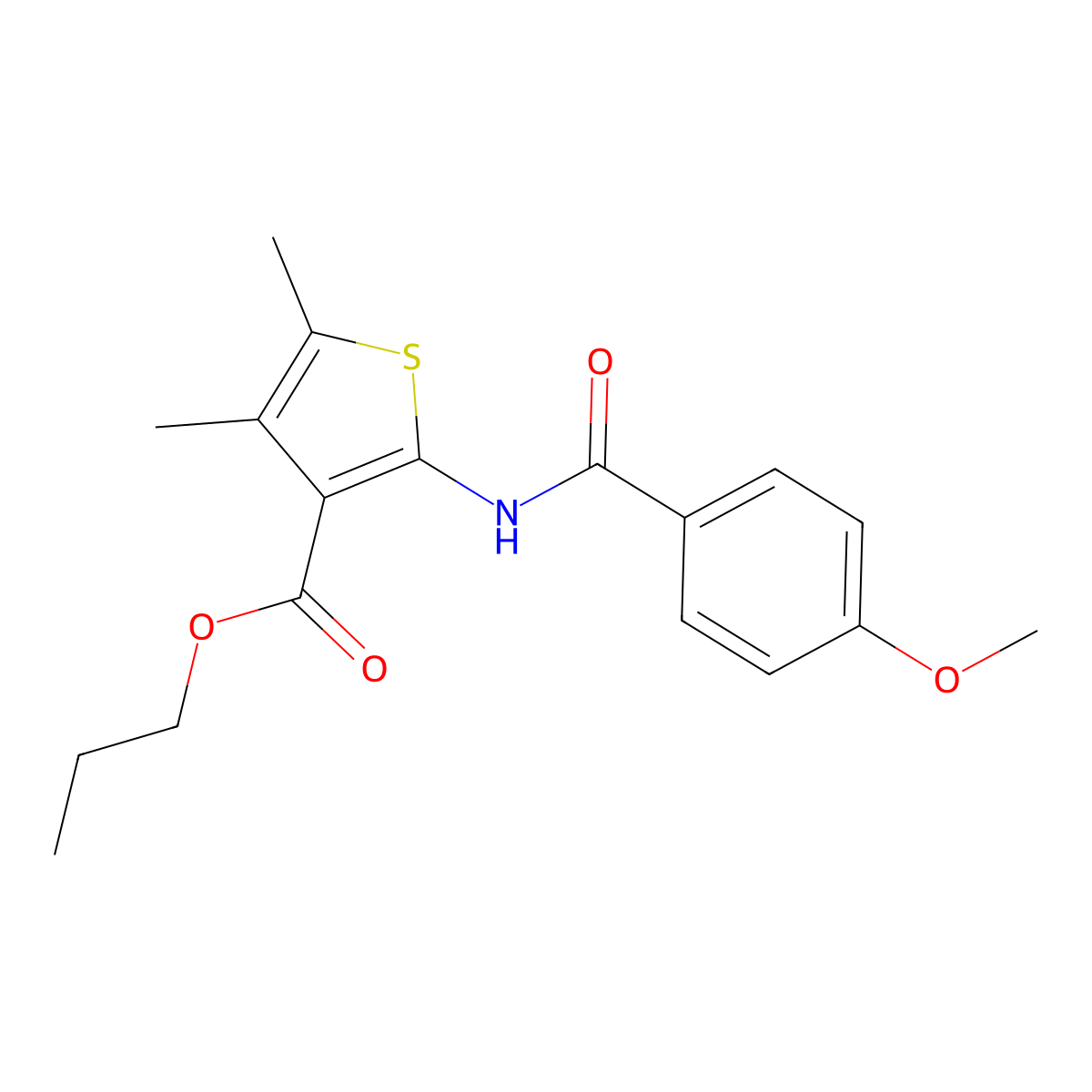 Propyl 2-[(4-methoxybenzoyl)amino]-4,5-dimethylthiophene-3-carboxylate molecular structure, CAS 445004-18-2