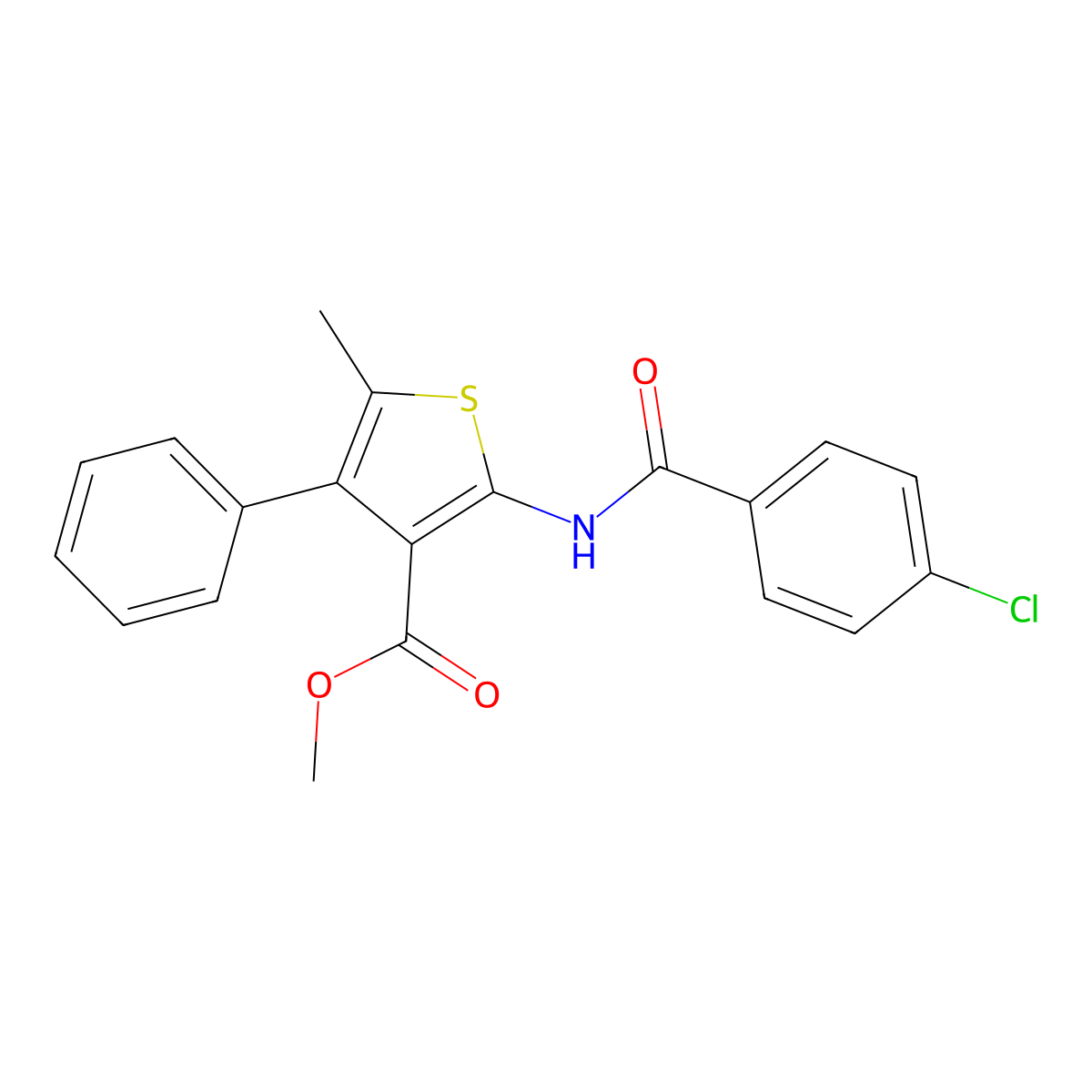 Methyl 2-[(4-chlorobenzoyl)amino]-5-methyl-4-phenylthiophene-3-carboxylate molecular structure, CAS 445004-70-6