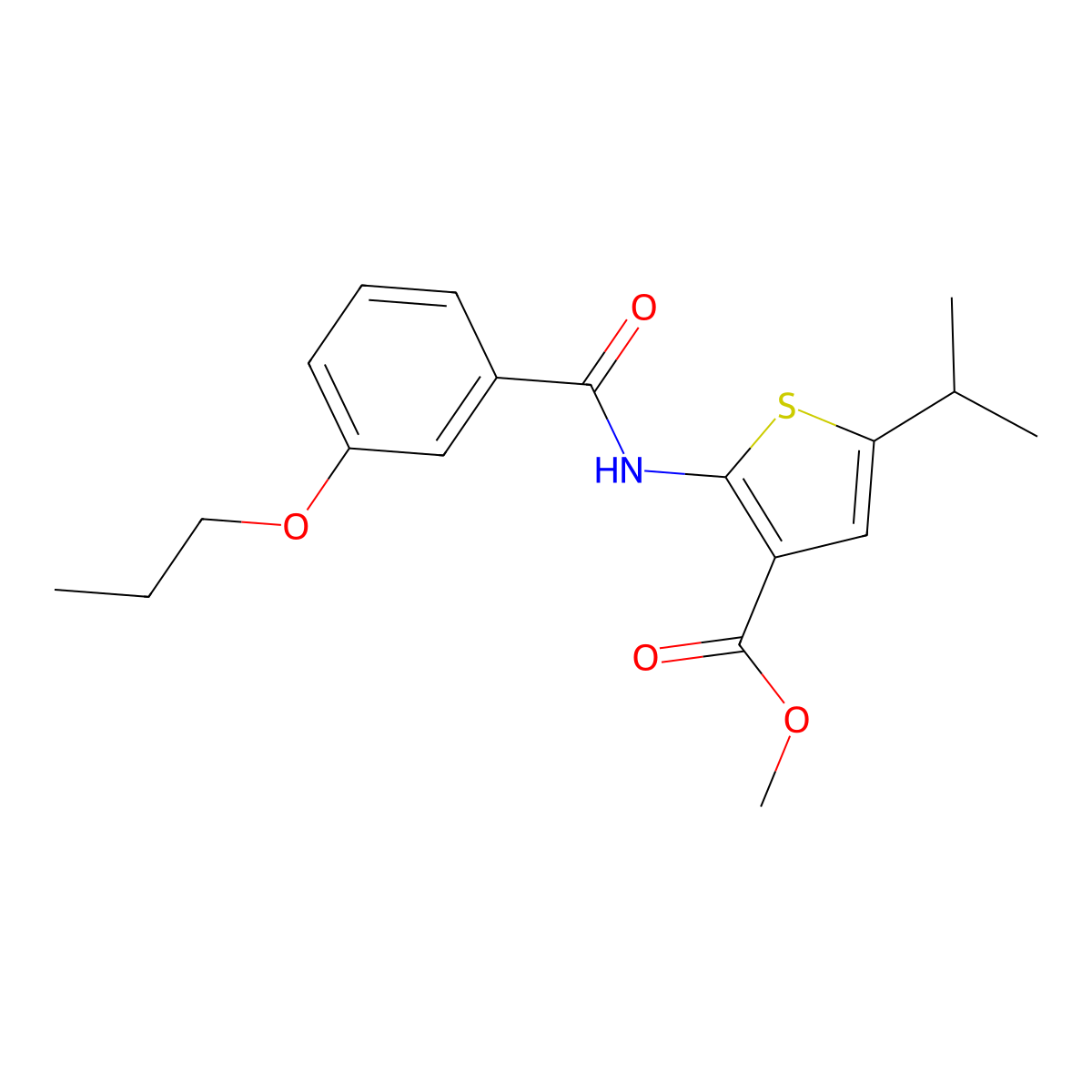 Methyl 5-propan-2-yl-2-[(3-propoxybenzoyl)amino]thiophene-3-carboxylate molecular structure, CAS 445004-75-1