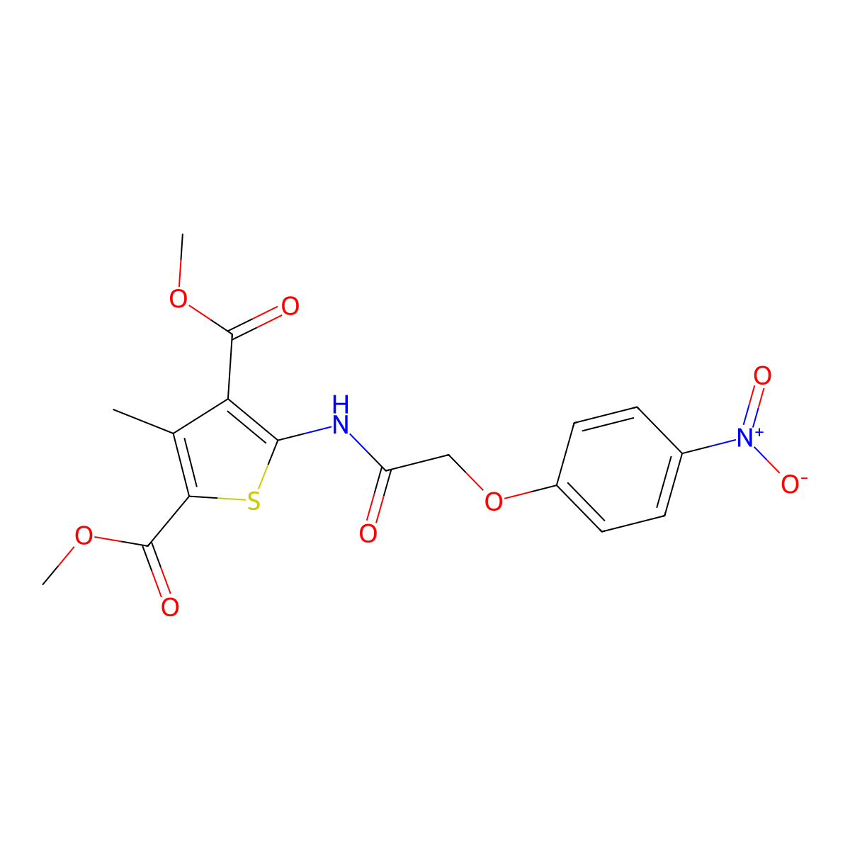 Dimethyl 3-methyl-5-{[(4-nitrophenoxy)acetyl]amino}thiophene-2,4-dicarboxylate molecular structure, CAS 445005-28-7