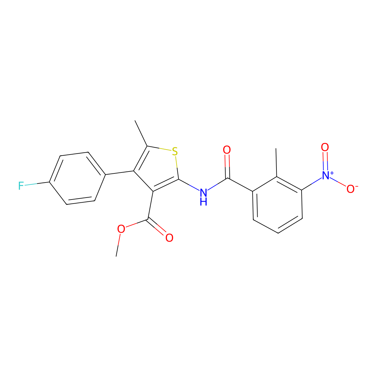 Methyl 4-(4-fluorophenyl)-2-({3-nitro-2-methylbenzoyl}amino)-5-methylthiophene-3-carboxylate molecular structure, CAS 445005-32-3