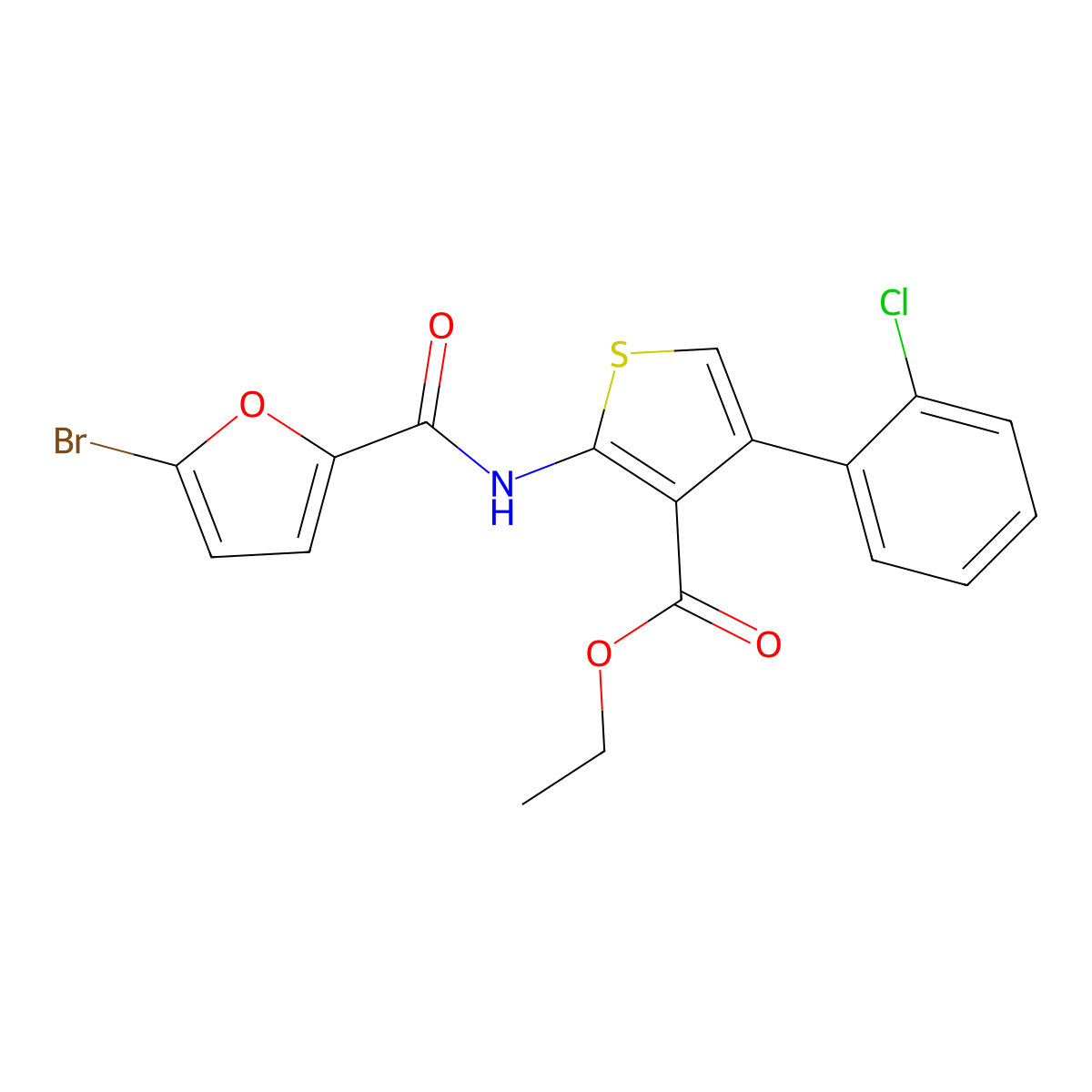 Ethyl 2-[(5-bromo-2-furoyl)amino]-4-(2-chlorophenyl)-3-thiophenecarboxylate molecular structure, CAS 445005-35-6