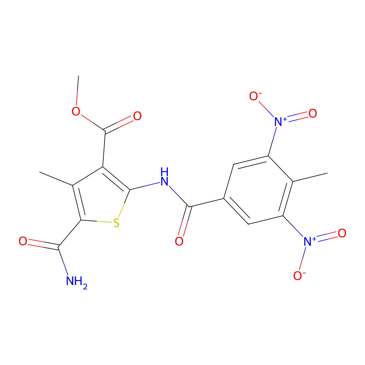 Methyl 5-carbamoyl-4-methyl-2-[(4-methyl-3,5-dinitrobenzoyl)amino]thiophene-3-carboxylate molecular structure, CAS 445005-51-6