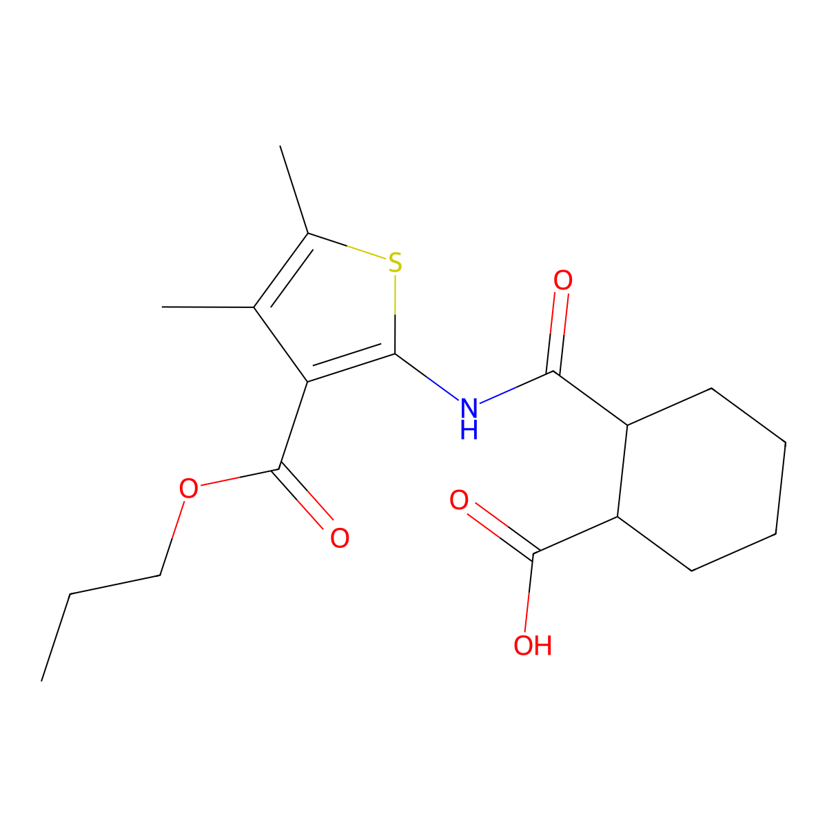 2-((4,5-Dimethyl-3-(propoxycarbonyl)thiophen-2-yl)carbamoyl)cyclohexanecarboxylic acid molecular structure, CAS 445005-58-3