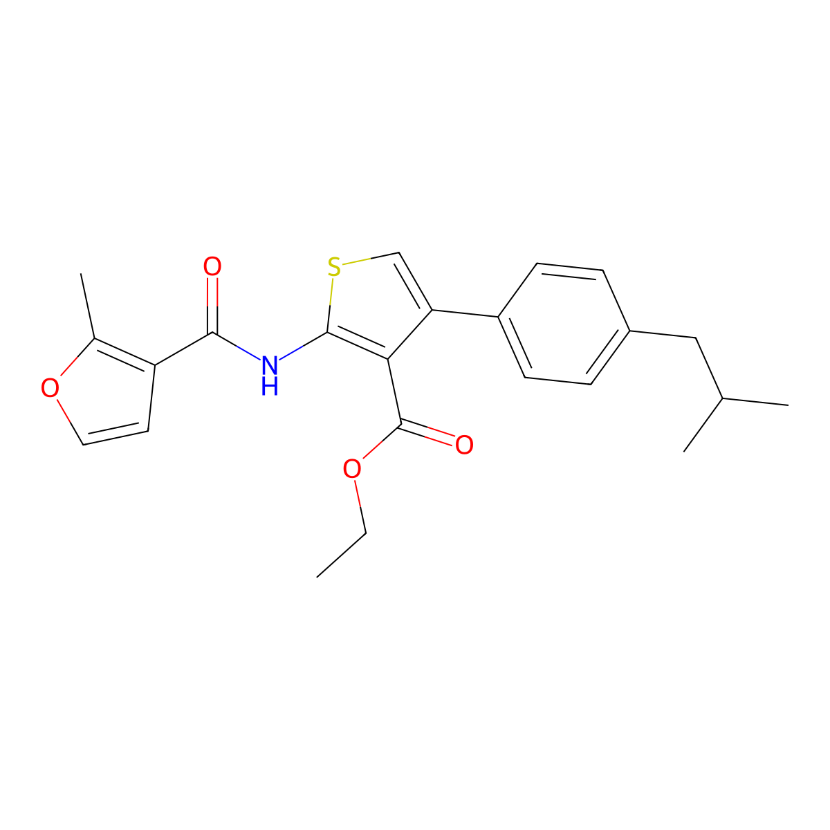 Ethyl 2-[(2-methylfuran-3-carbonyl)amino]-4-[4-(2-methylpropyl)phenyl]thiophene-3-carboxylate molecular structure, CAS 445005-69-6
