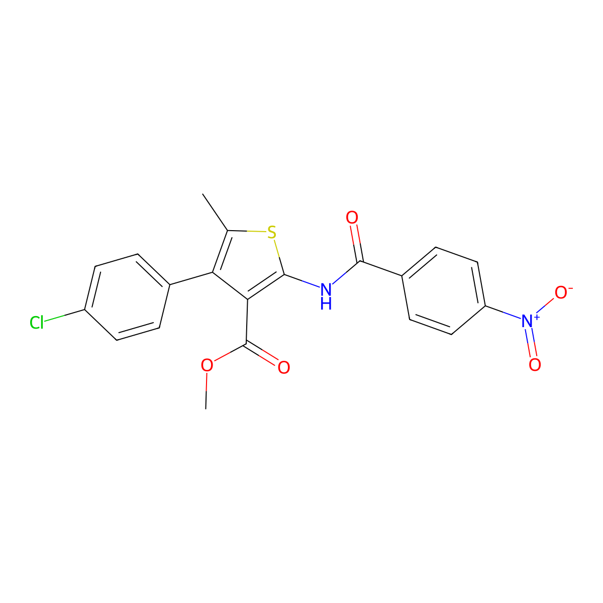 Methyl 4-(4-chlorophenyl)-2-({4-nitrobenzoyl}amino)-5-methylthiophene-3-carboxylate molecular structure, CAS 445005-81-2