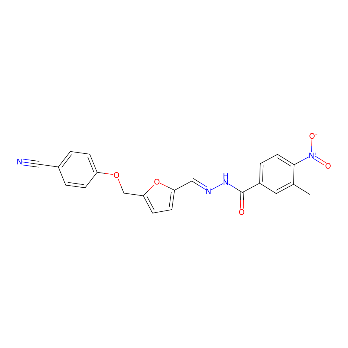 3-Methyl-4-nitrobenzoic acid 2-[[5-[(4-cyanophenoxy)methyl]-2-furanyl]methylene]hydrazide molecular structure, CAS 445005-99-2