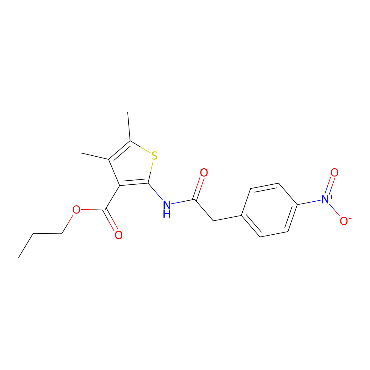 Propyl 4,5-dimethyl-2-[[2-(4-nitrophenyl)acetyl]amino]thiophene-3-carboxylate molecular structure, CAS 445006-02-0