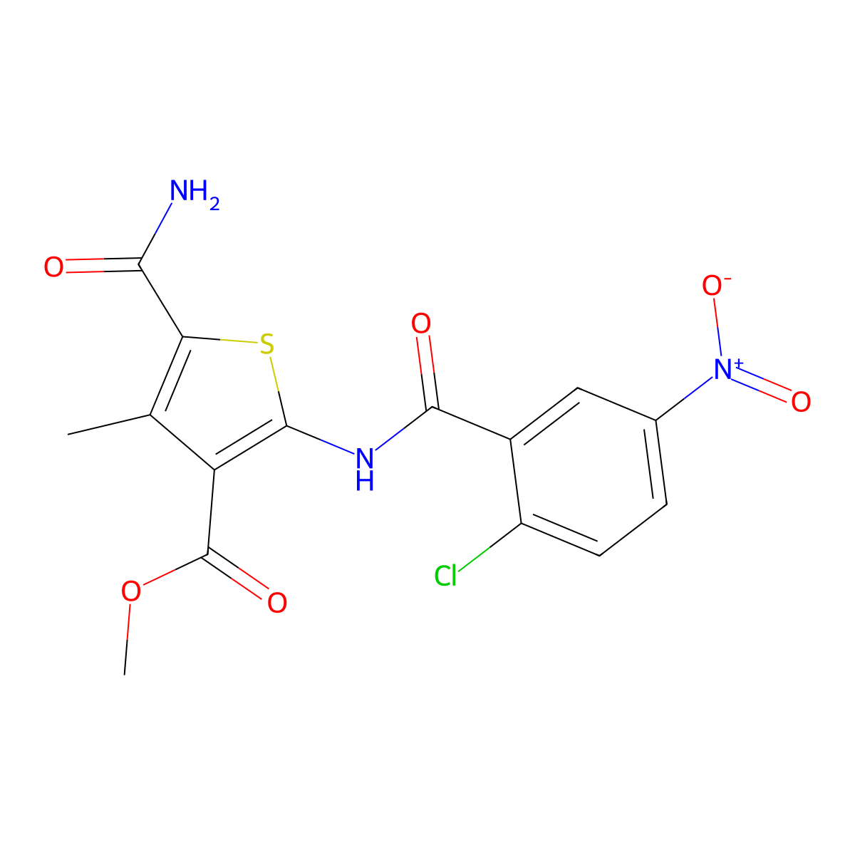 Methyl 5-carbamoyl-2-[(2-chloro-5-nitrobenzoyl)amino]-4-methylthiophene-3-carboxylate molecular structure, CAS 445006-27-9