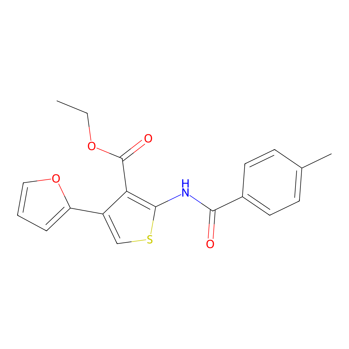 Ethyl 4-(2-furyl)-2-[(4-methylbenzoyl)amino]thiophene-3-carboxylate molecular structure, CAS 445006-42-8