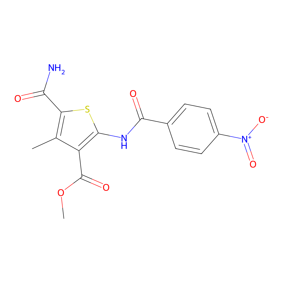 Methyl 5-carbamoyl-4-methyl-2-[(4-nitrobenzoyl)amino]thiophene-3-carboxylate molecular structure, CAS 445006-43-9