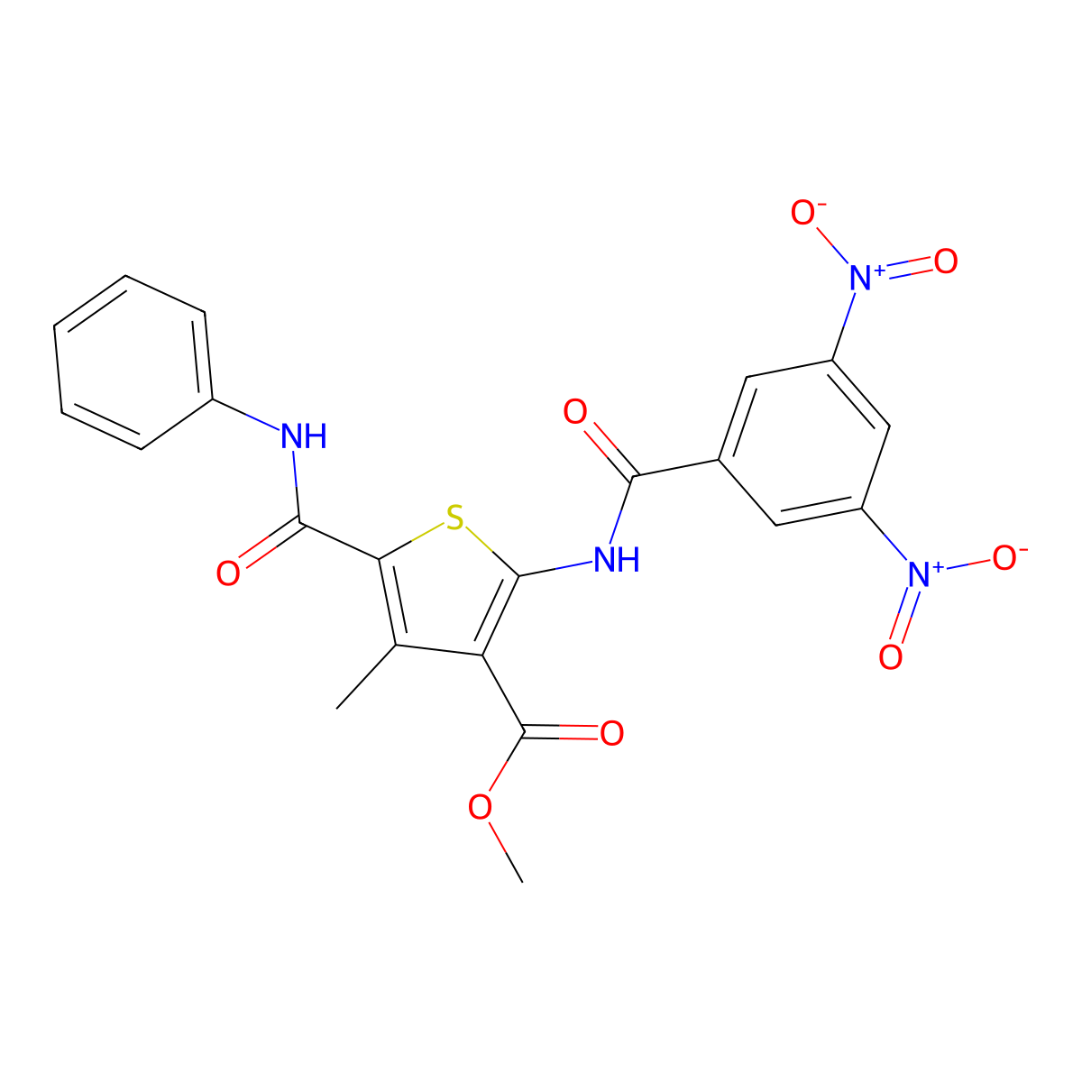 Methyl 2-[(3,5-dinitrobenzoyl)amino]-4-methyl-5-(phenylcarbamoyl)thiophene-3-carboxylate molecular structure, CAS 445006-44-0