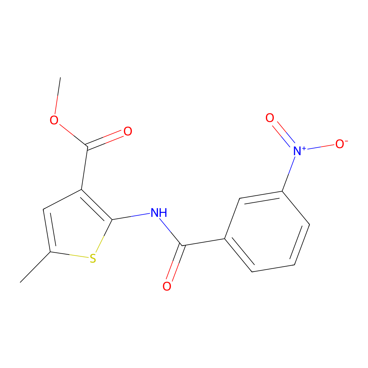 Methyl 2-({3-nitrobenzoyl}amino)-5-methylthiophene-3-carboxylate molecular structure, CAS 445006-65-5