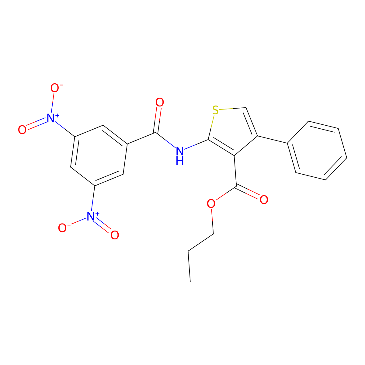 Propyl 2-({3,5-bisnitrobenzoyl}amino)-4-phenylthiophene-3-carboxylate molecular structure, CAS 445006-71-3
