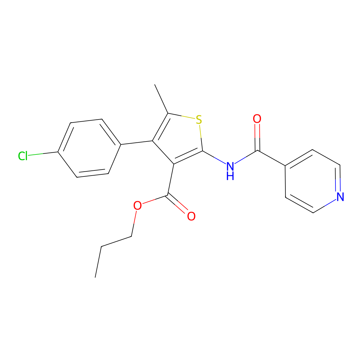 Propyl 4-(4-chlorophenyl)-5-methyl-2-(pyridine-4-carbonylamino)thiophene-3-carboxylate molecular structure, CAS 445006-75-7