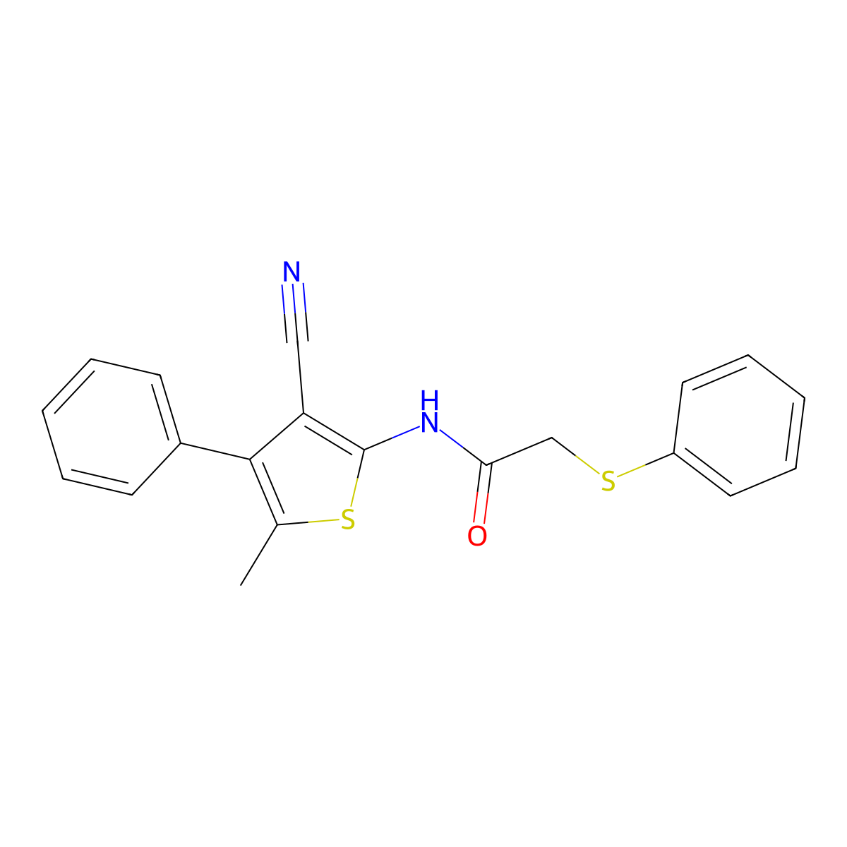 N-(3-cyano-5-methyl-4-phenylthiophen-2-yl)-2-phenylsulfanylacetamide molecular structure, CAS 445006-91-7