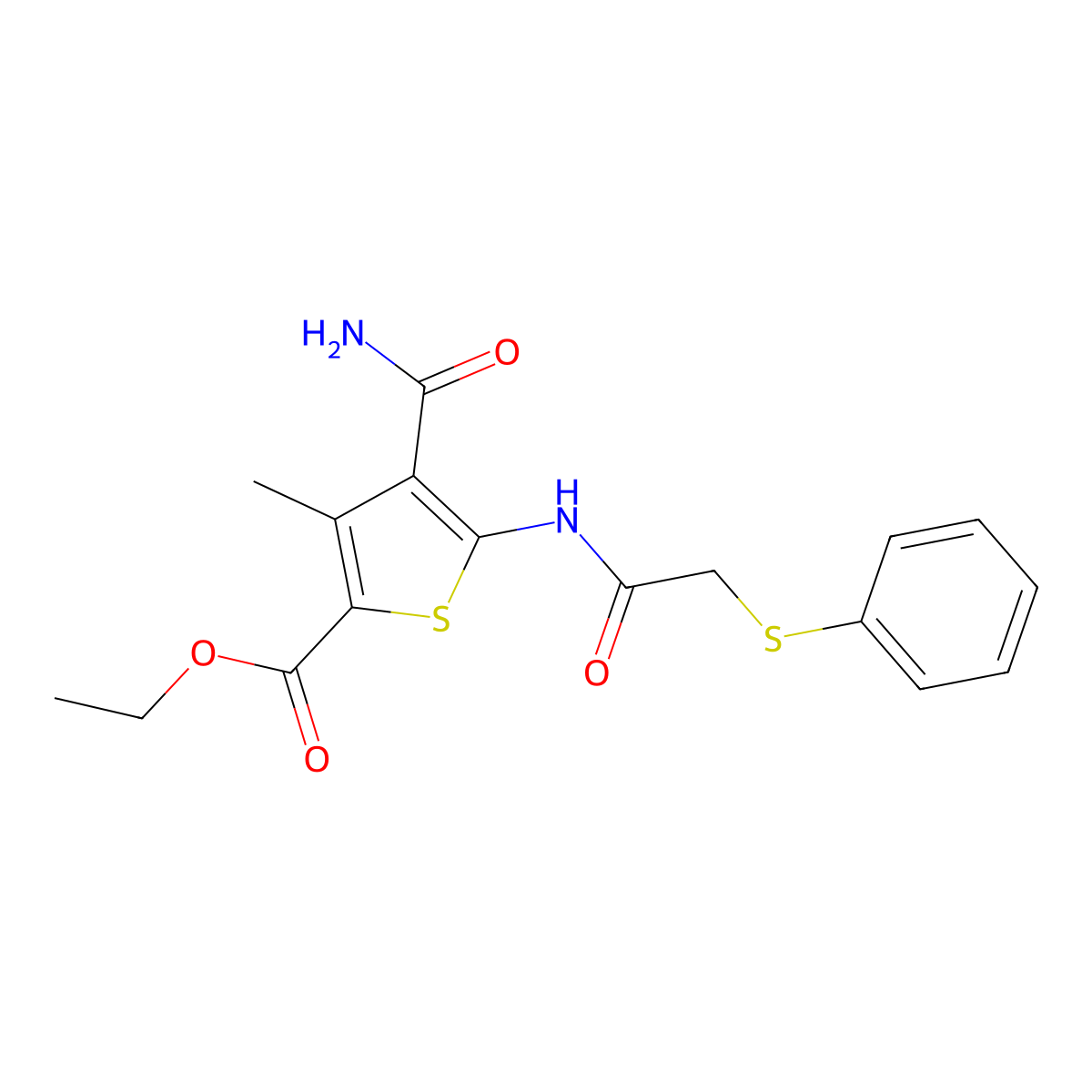Ethyl 4-carbamoyl-3-methyl-5-{[(phenylsulfanyl)acetyl]amino}thiophene-2-carboxylate molecular structure, CAS 445007-29-4
